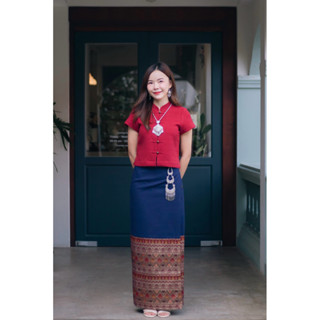 🌺 คำปู้จู้ ชุดพื้นเมือง เสื้อคอจีนสีแดง,ผ้าถุงสำเร็จ 🌺