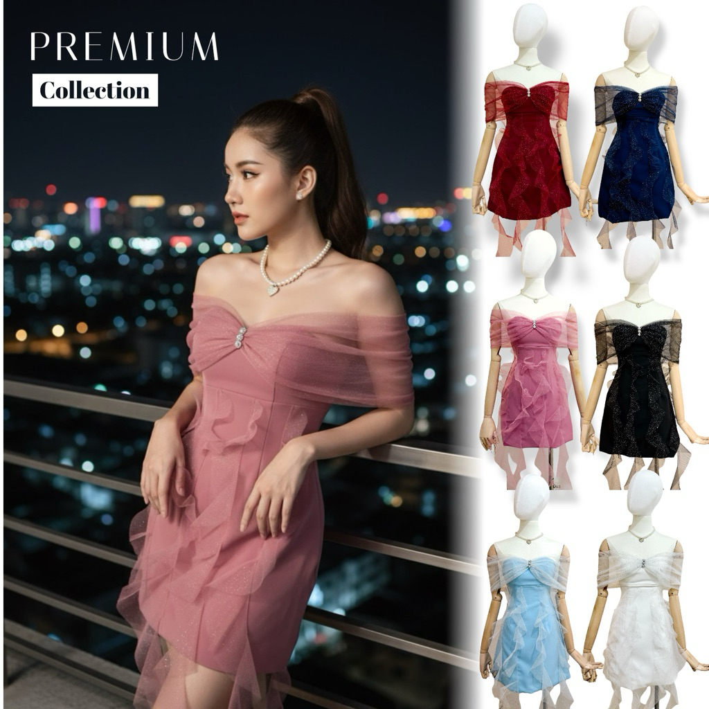 {มาใหม่!} Mini dressปาดไหล่ทรง Butterfly 12 สี XS-5XL เสริมฟองน้ำ พรางหุ่น ปิดต้นแขนสำหรับงานปาร์ตี้ งานแต่งงาน