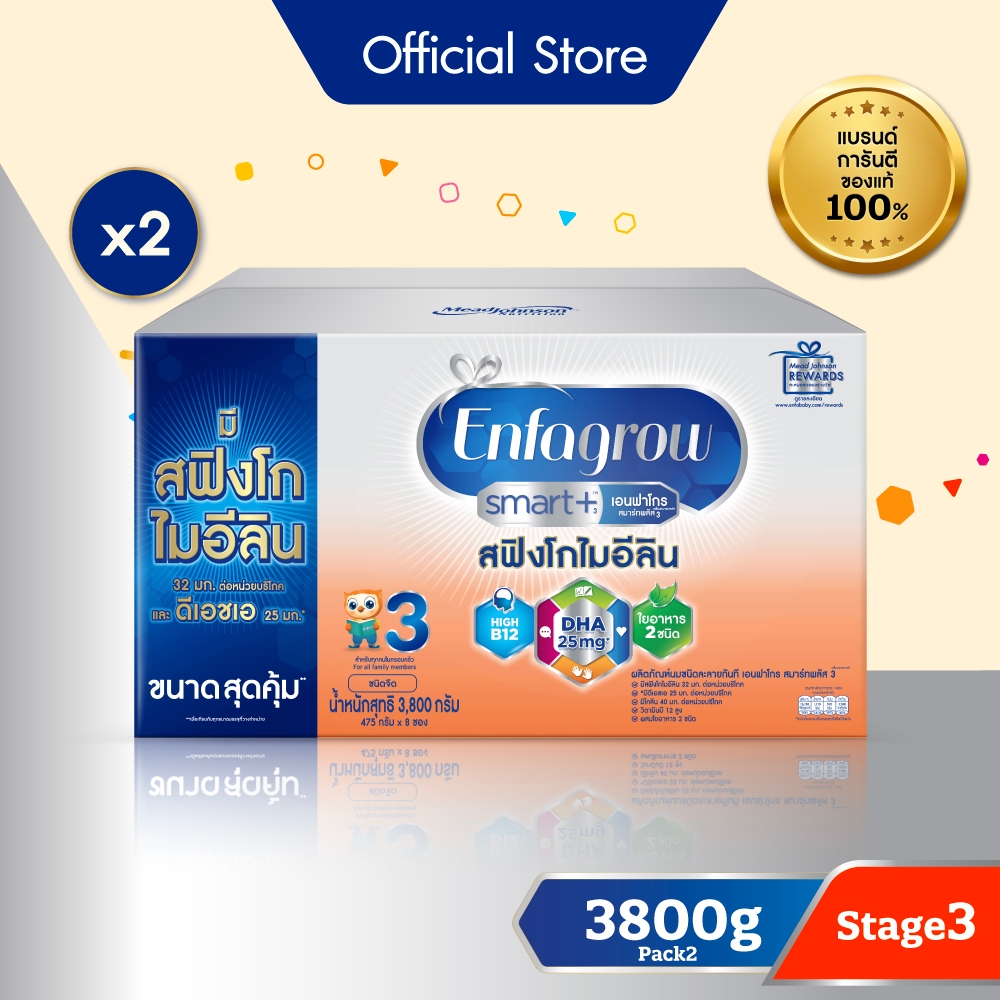 นมผง เอนฟาโกร สมาร์ทพลัส ดีเอชเอ สูตร3 ชนิดจืด (3800 กรัม) x2 กล่อง Enfagrow Smart+ Stage3 Plain (3800 g) x2 packs