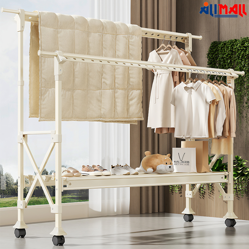 ราวตากผ้าอลูมิเนียม ราวแขวนเสื้อผ้า พับเก็บ ยืดหดได้ ปรับความสูงได้ ไม่เป็นสนิม พร้อมตะขอ+ชั้นวางของ ป้องกันลมได้ดี