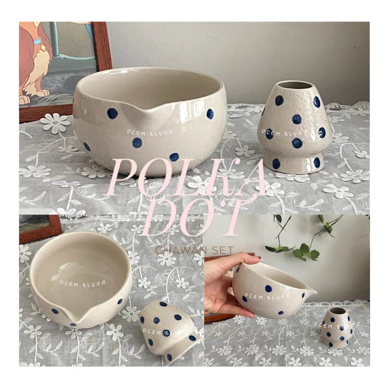 พร้อมส่ง Teddy.routine Polka dot Chawan 🍥🩷 ถ้วยมัทฉะ ไสตล์มูจิ เซรามิก ถ้วยลายจุด มาพร้อมchasen holder ความจุ500ml
