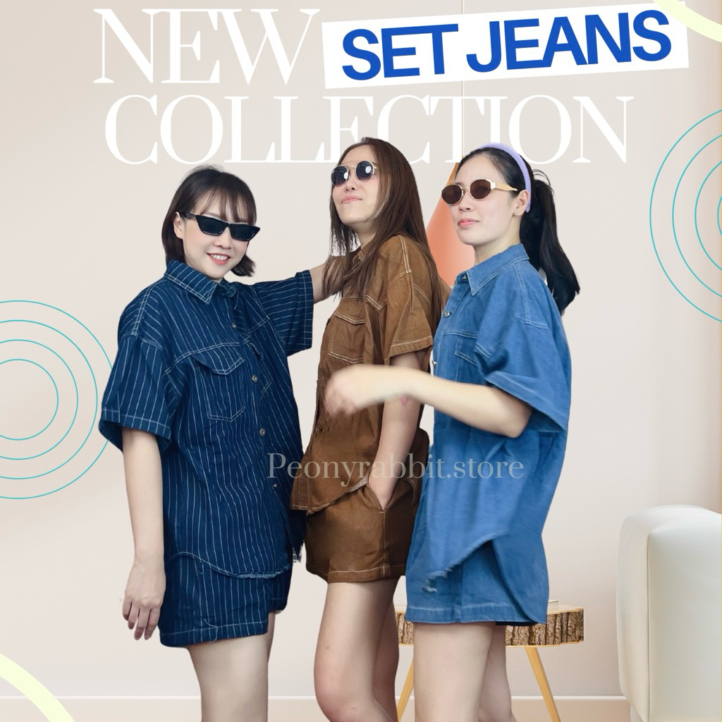 M#1004 💙🤍🖤Set ยีนส์รุ่นใหม่ แบบใหม่ เสื้อเชิ้ตแขนสั้น กระดุมเหล็กปั้มอย่างดี แต่งกระเป๋าคู่ เสื้อยังเป็นทรง oversize