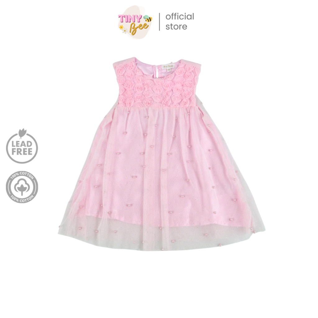 TinyBee ชุดกระโปรงเด็กหญิง ชุดเดรสเด็ก สีชมพู ปักมุกทั้งตัว อายุ 12-24 เดือน