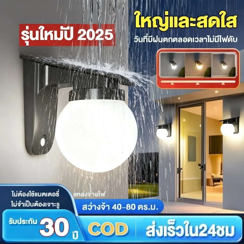 🔥ซื้อ 1 แถม 1🔥โคมไฟผนังภายนอก โคมไฟติดผนังโซล่าเซลล์ เปิดได้ 3 แสง ระบบสว่างค้าง กันน้ำกันฝนIP68