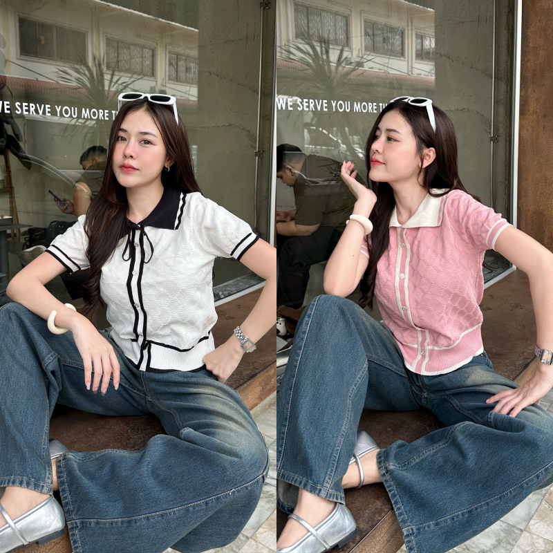 SpinnyHouse เสื้อคอโปโล เสื้อยืด ผ้าไหมพรมยืด แต่งทอลายเส้น ผ้าพิมพ์ลาย ใส่อองานได้ เสื้อใส่ไปคาเฟ่ รุ่น เปิดใจ