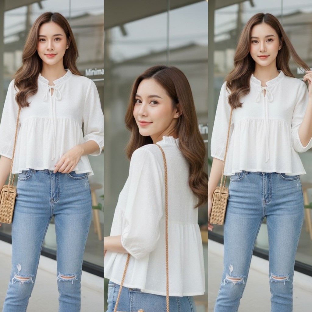 Nana’s Craft เสื้อขาว ผ้าฝ้ายอินเดียทอขึ้นลาย