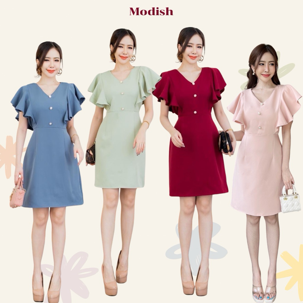 เดรสคอวีระบายแขน แต่งกระดุม ผ้าบาบี้