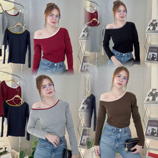 (012-013New) Zenya(เซนญ่า) เสื้อยืดแขนยาว ปาดไหล่ แต่งแถบคอ