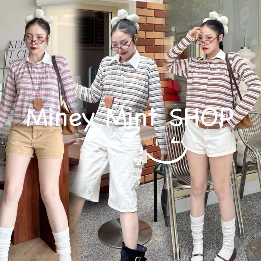 miniminey🌈เสื้อคาดิแกนลายริ้วผ้ายืด แต่งขอบปก กระดุมใช้งานได้จริง งานปัก