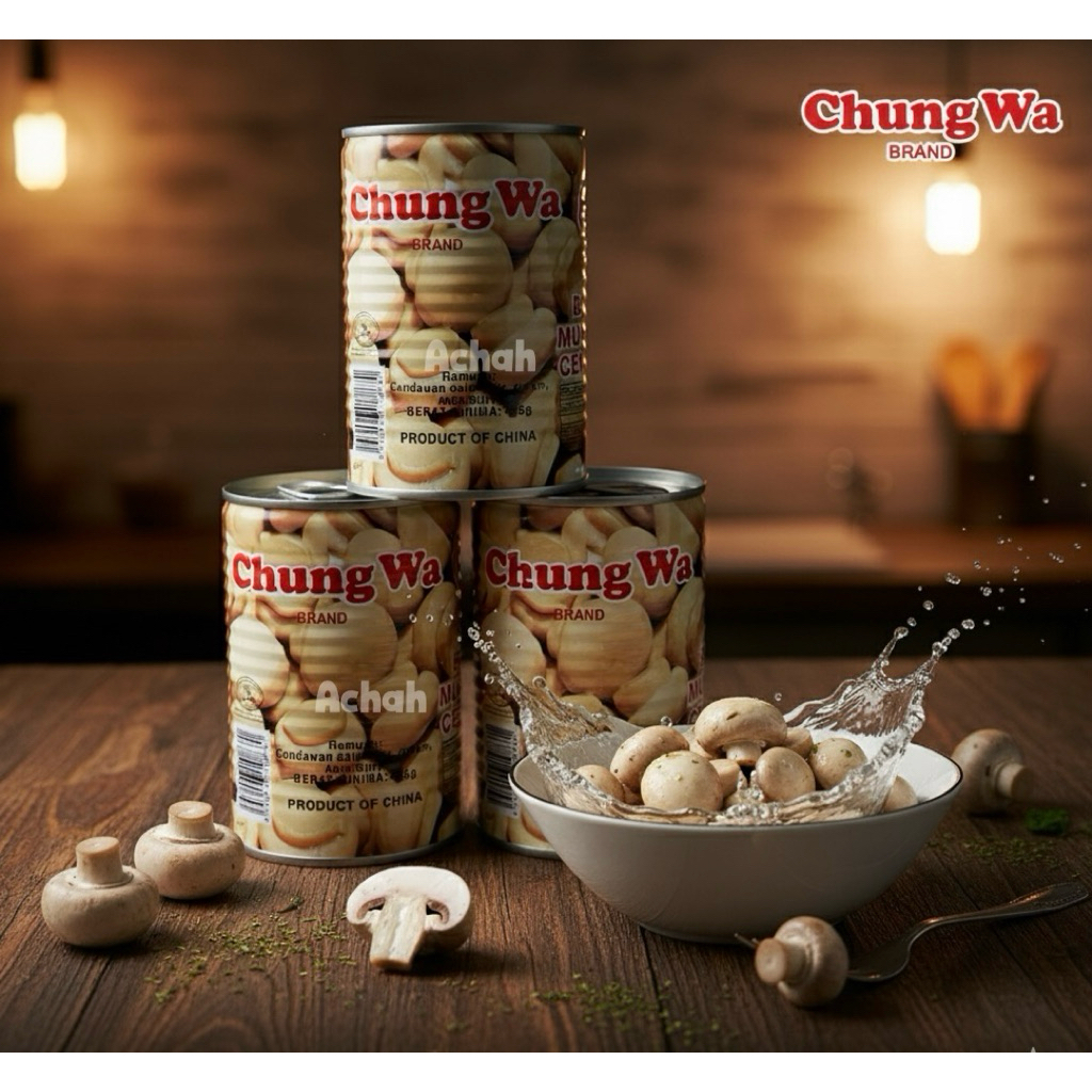 เห็ดกระป๋อง เห็ดแชมปิญอง ในน้ำเกลือ แบรนด์Chung Wa ขายยกลัง24กระป๋อง ขนาด425g.กป.