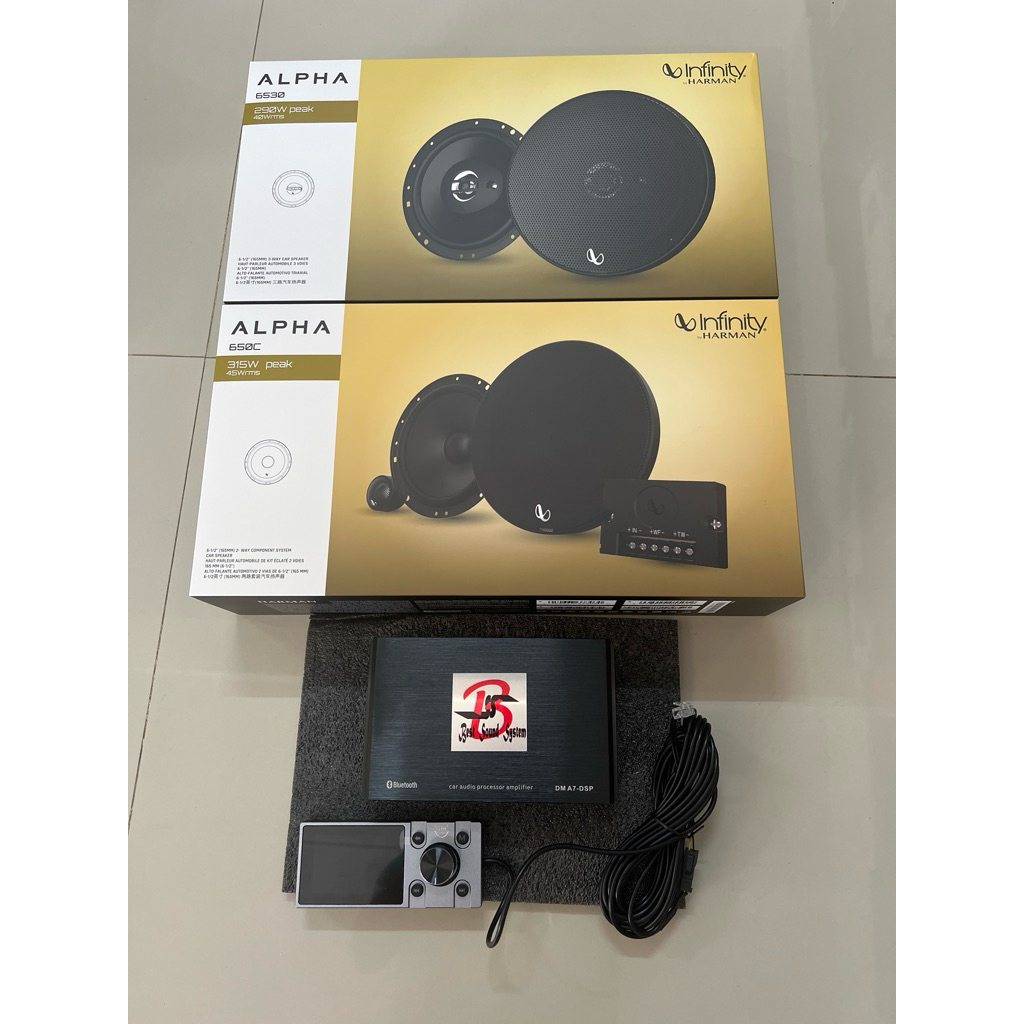 ชุดละ 8500บาท DSP AMP 68x4Ch 1ตัว 6.5“ แยกชิ้น 1ชุด 6.5”แกนร่วม 1คู่ ยี่ห้อ infinity alpha ลำโพงติดร