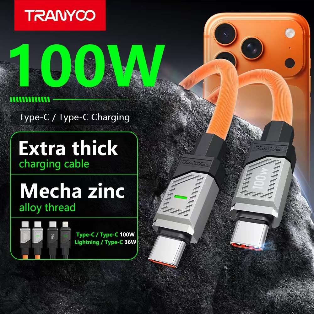 TRANYOO CC2 100W charging cable with a zinc alloy constant-on light, Type-C to Light&ng, and a durable E-MARKER chip.