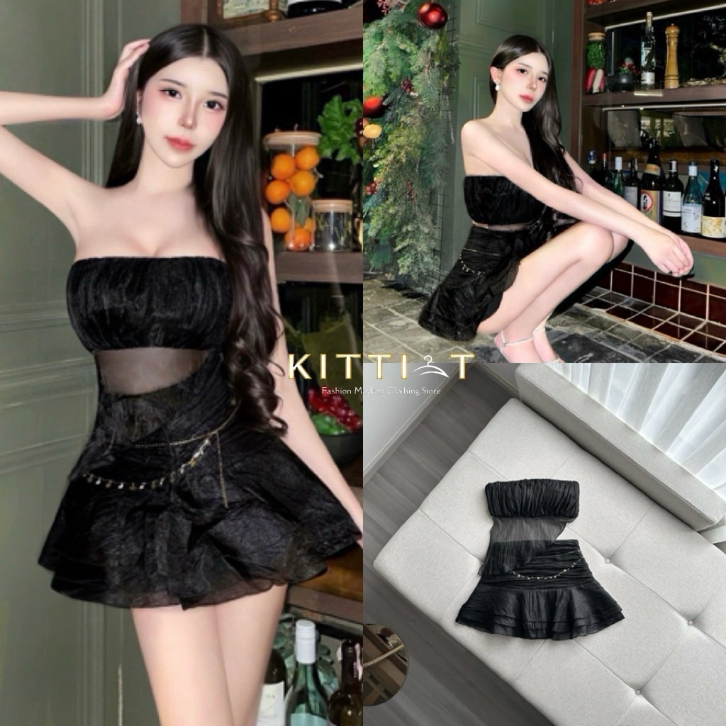 M11 งานป้าย Kittit Set ชุดเซ็ทเสื้อเกาะอก+กระโปรงสั้น สำหรับผู้หญิง เสื้อผ้าแฟชั่นผู้หญิง ไซส์ Xs-M