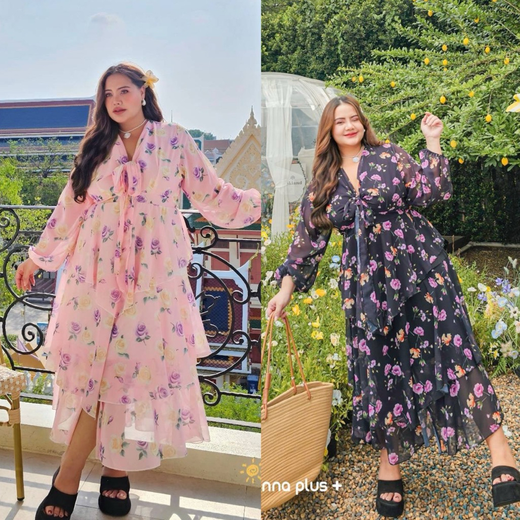 (AN) เดรสยาว แขนยาว ผ้าชีฟองลายดอก สีสวยขับผิวมาก ใส่แล้วผู้ดีสุดๆ พรางหุ่นได้ดี เสื้อผ้าสาวอวบอ้วน ไซส์ใหญ่