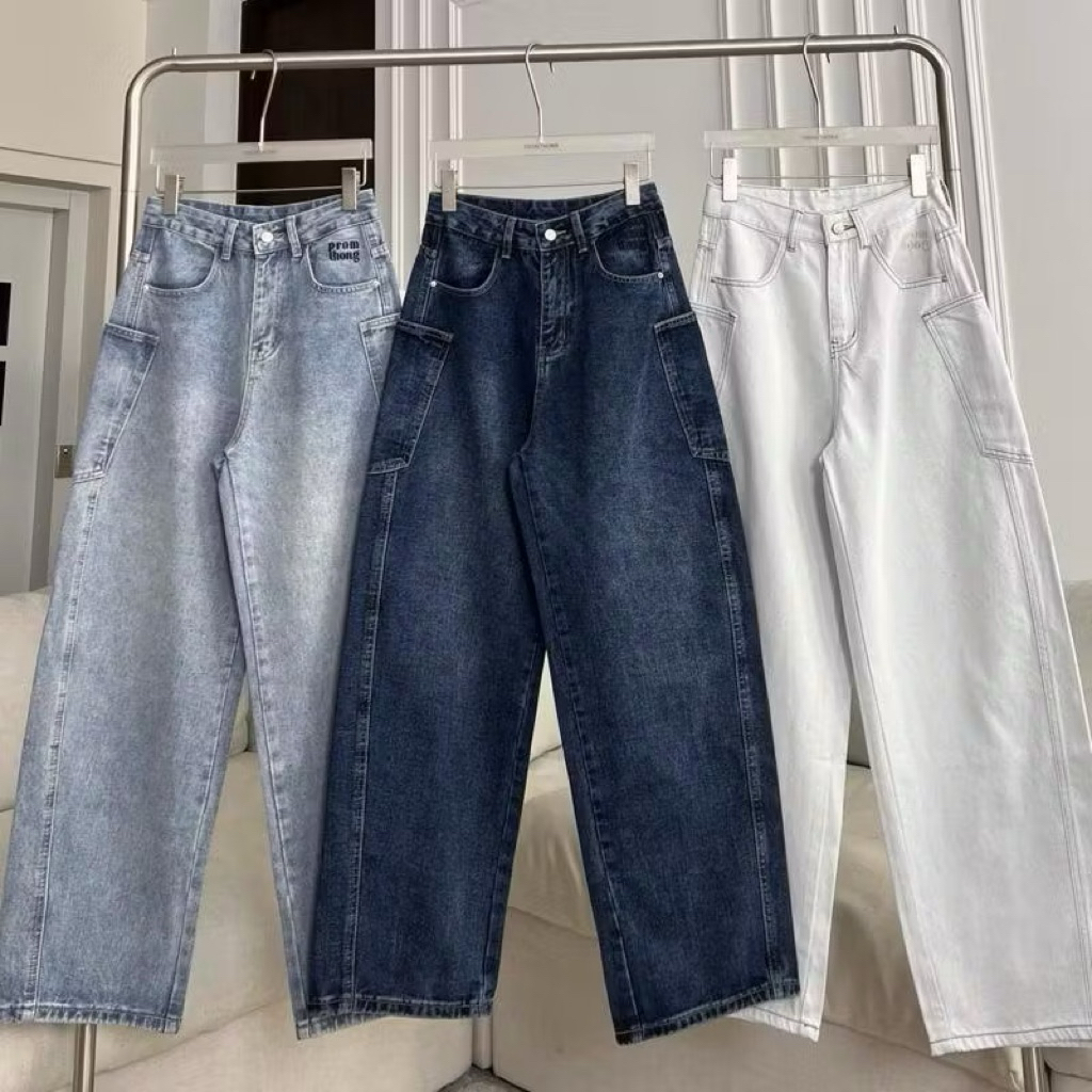 PTJ30272 Mandy Barrel Cargo กางเกงยีนส์คาร์โก้ PROMTHONG ทรงขากระบอกใหญ่ปักโลโก้