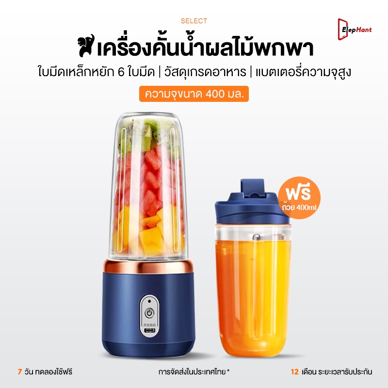 เครื่องปั่นผลไม้แบบพกพา 400ML ใบมีด 6 ใบ ปั่นผลไม้ได้อย่างรวดเร็ ทำมิลค์เชค ปั่นน้ำแข็ง อเนกประสงค์ แก้วปั่นผลไม้