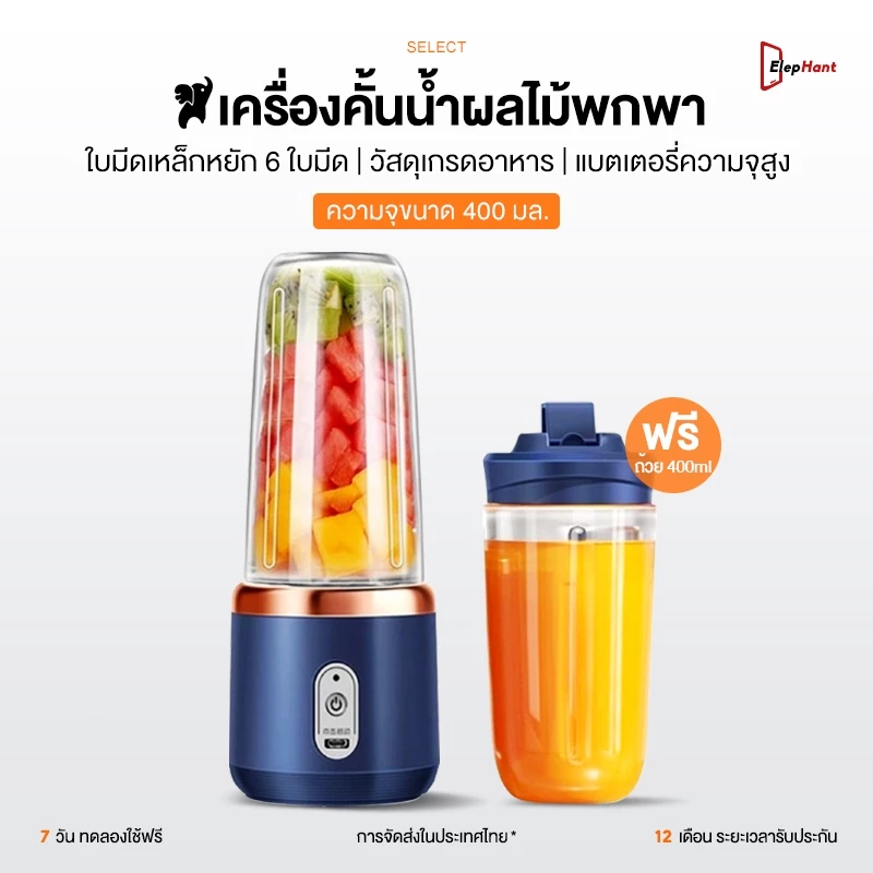 เครื่องปั่นผลไม้แบบพกพา 400ML ใบมีด 6 ใบ ปั่นผลไม้ได้อย่างรวดเร็ ทำมิลค์เชค ปั่นน้ำแข็ง อเนกประสงค์ แก้วปั่นผลไม้