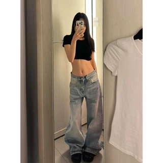 OOTD กางเกงยีนส์วินเทจสไตล์เกาหลีสำหรับผู้หญิง ดีไซน์หลวมขาบานแมทช์ได้ทุกสไตล์รูปทรงกล้วย