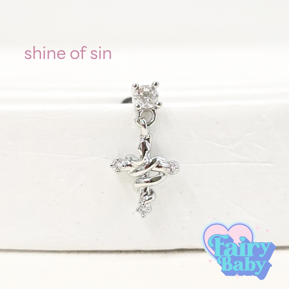 Fairybaby จิว Shine of Sin ( 1 ชิ้น ) แป้นแบน จิวตุ้มหู ไม้กางเขน เท่ๆ  แฟชั่น 0.8 ยาว 6mm (J3-143)