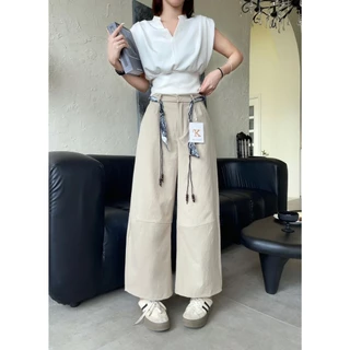 Reallyshops #9339(K) กางเกงขายาวทรงกระบอกขาต่อ+เข็มขัดแต่งเอว เอวยางยืด ผู้หญิง พร้อมส่ง
