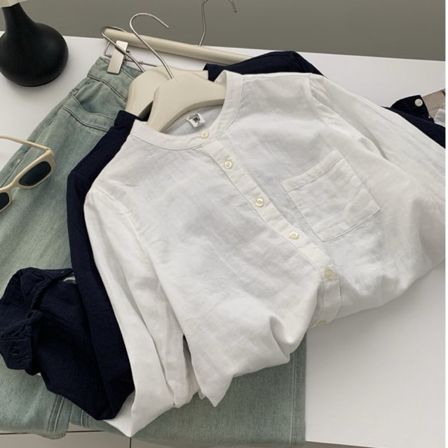 เสื้อเชิ้ตคอจีน สีพื้น เป๋าหน้า 38-44” เชิ้ตผู้หญิง ผ้าสาลู เสื้อทำงานแขนยาว สุภาพเรียบร้อย สไตล์ญี่ปุ่น Mycotton