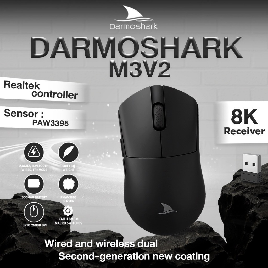 DARMOSHARK M3V2 สามโหมดแบบมีสายไร้สาย DPI ได้สูงถึง 26000DPI PAW3375 เมาส์เกม Esports น้ําหนักเบา 8K
