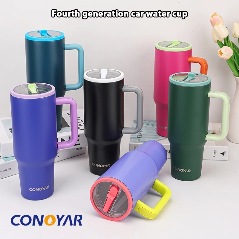 CONOYAR แก้วเก็บความเย็น สแตนเลสแท้ 1200MLพร้อมที่จับ และฝาปิดหลอด เก็บเย็น-ร้อนได้นาน แก้วสแตนเลส T01304