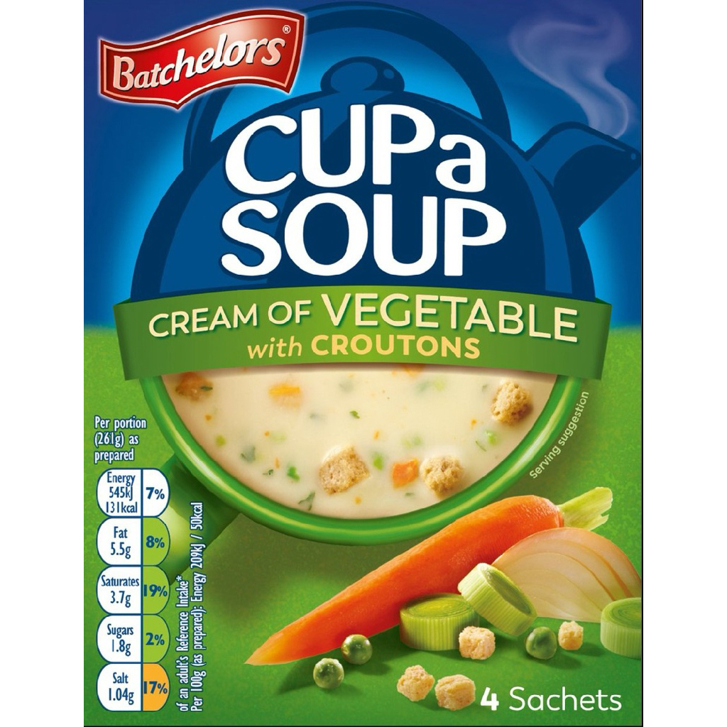 Batchelors Cup A Soup Cream of Vegetables156g/Chicken&Leek86g/Asparagus123g/Mushroom104g/Tomato93g/M