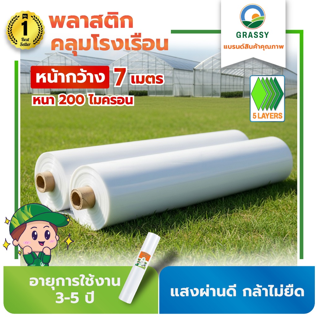 GRASSY พลาสติกคลุมโรงเรือน 7 ความหนา 200 ไมครอน UV7% 5 Layers