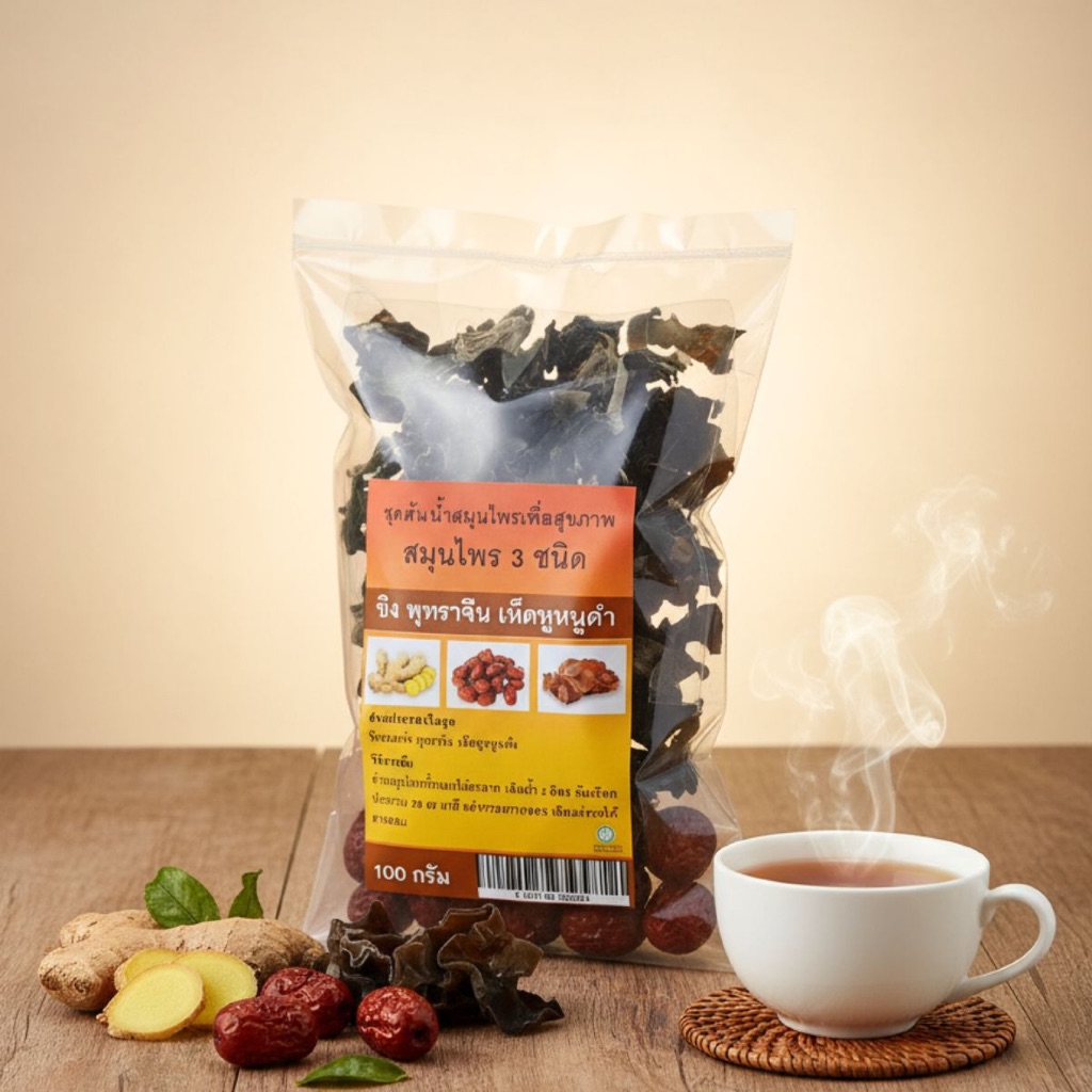ชุดต้ม สมุนไพร 3ชนิด ขิง พุทราจีน เห็ดหูหนูดำ สมุนไพรสามชนิด 100 กรัม
