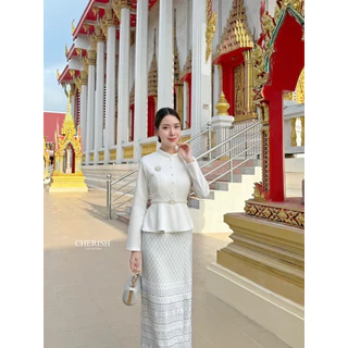 📌📌 พร้อมส่ง XS S M L XL 2XL 🏷️CHERISH งานเซ็ท ชุดไทย(📍4ชิ้น เสื้อ+กป+เข็มกลัด+เข็มขัด) ชุดผ้าไทย ออกงาน ทำบุญ ทอดกฐิน