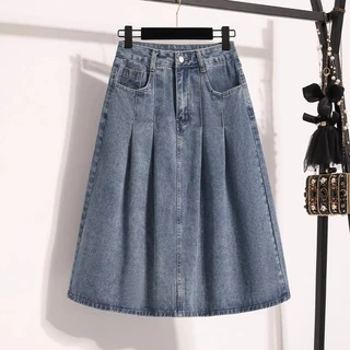 S~5XL Denim skirt for women A-line skirt กระโปรงทรงเอจีบพลีตสไตล์วินเทจ กระโปรงยีนส์เอวสูงทรงหลวมสไตล์ลำลอง HOT