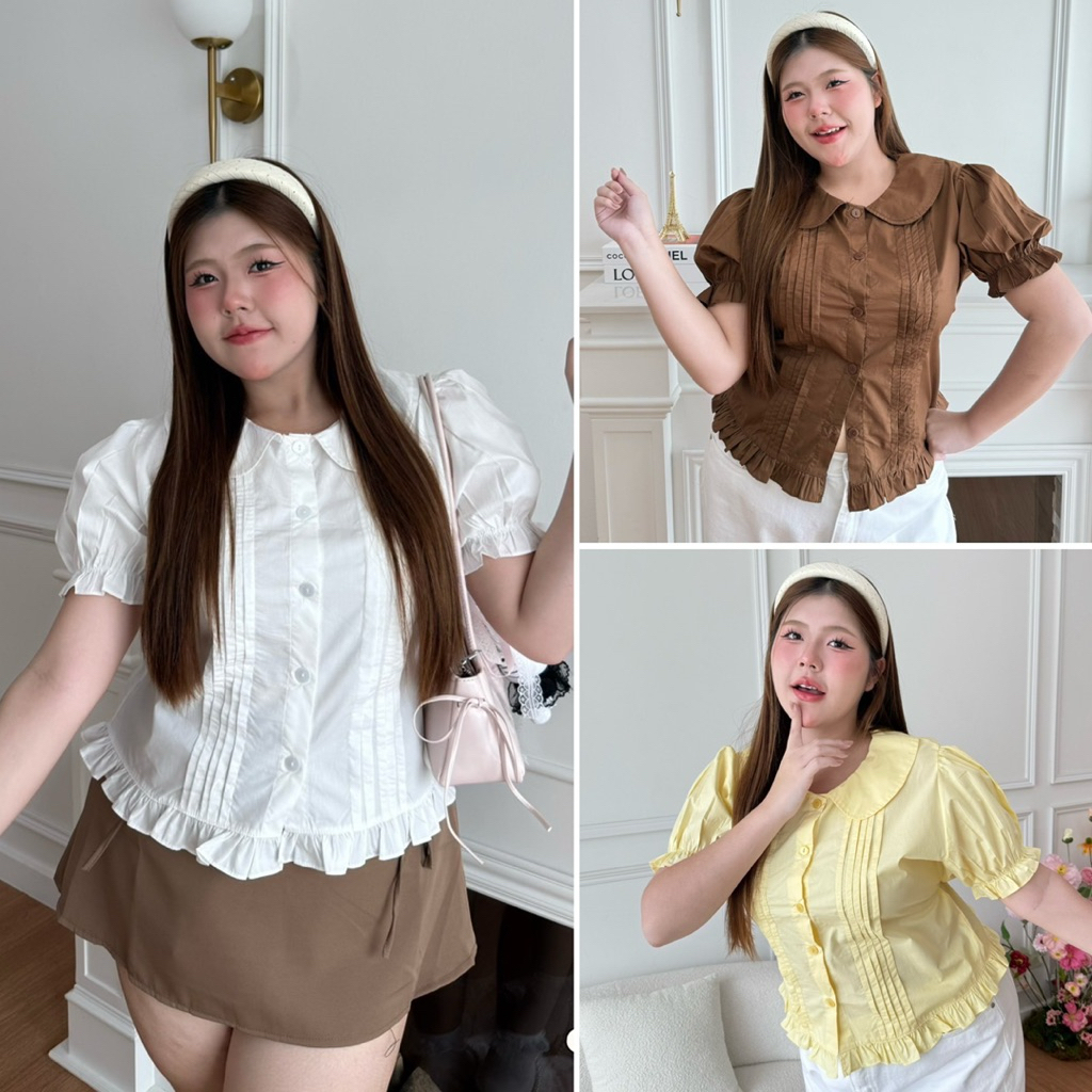 /NT/ เสื้อคอบัวแขนตุ๊กตา ไซส์อก38-50 ดีเทลตีเกล็ดหน้า มีเชือกผูกกระชับหลัง ผ้าคอตตอน ใส่สบาย #เสื้อไซส์ใหญ่ พลัสไซส์