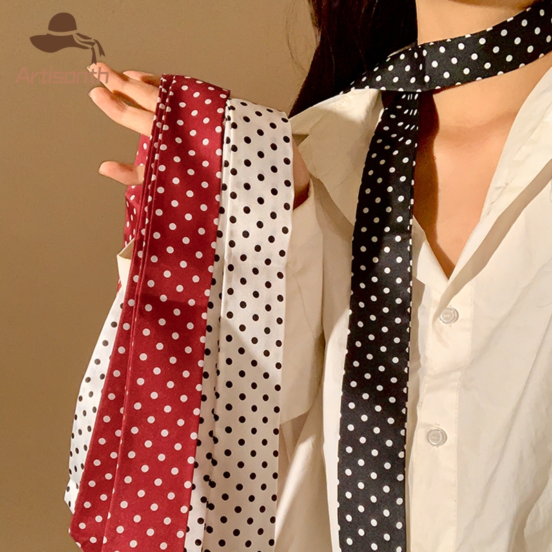 ส่งเร็ว💥ผ้าพันคอ เทรนฮิต ลายจุด สไตล์เกาหลี อเนกประสงค์ บางและแคบยาวผ้าพันคอไหมผูกคอ สําหรับผู้หญิง