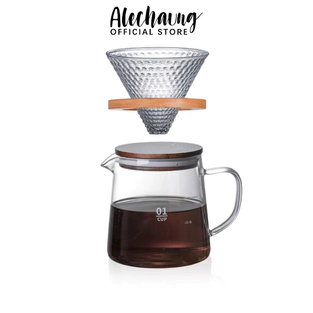 Alechaung เหยือกดริปกาเเฟ ชุดดริปกาแฟ กรองกาแฟ Glass Dripper 300ml. 500ml. 2in1 พร้อมแก้วกรองดริป