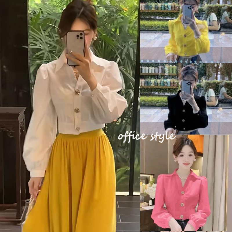 Dahong💖 W673   เสื้อเชิ้ตแขนพัฟ  สีขาว แฟชั่นฤดูร้อน ดีไซน์เก๋ไก๋  สไตล์เกาหลี สําหรับผู้หญิง เสื้อทำงานผู้หญิง