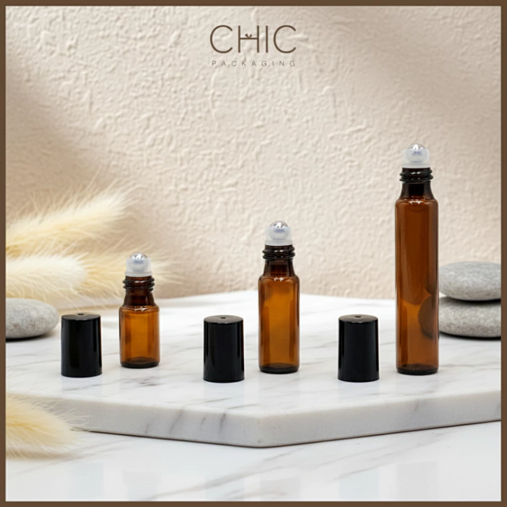 พร้อมส่ง ขวดลูกกลิ้งแก้วสีชา 3/5/10ml ฝาดำ หัวลูกกลิ้งแบบโรลออน ใส่น้ำมันหอมระเหย น้ำหอม thumbnail 7