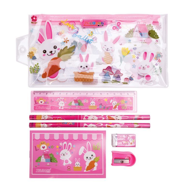 SJ ชุดเซ็ทเครื่องเขียน คละ น่ารักๆสำหรับเด็ก 7ชิ้น กระเป๋าดินสอ x1 สมุด x1 ดินสอไม้ x2 กบเหลา x1 ยางลบ x1 ไม้บรรทัด x1 - รูปที่ 2