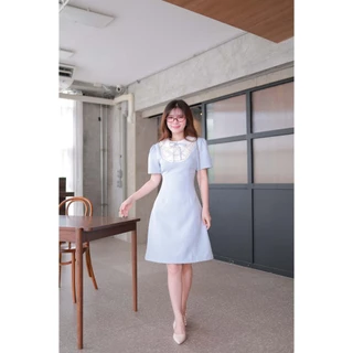 "Romi"Oil" Anastasia Dress (Blue) J319 ชุดเดรสสีฟ้า (คอบัวผูกโบว์แต่งมุก)
