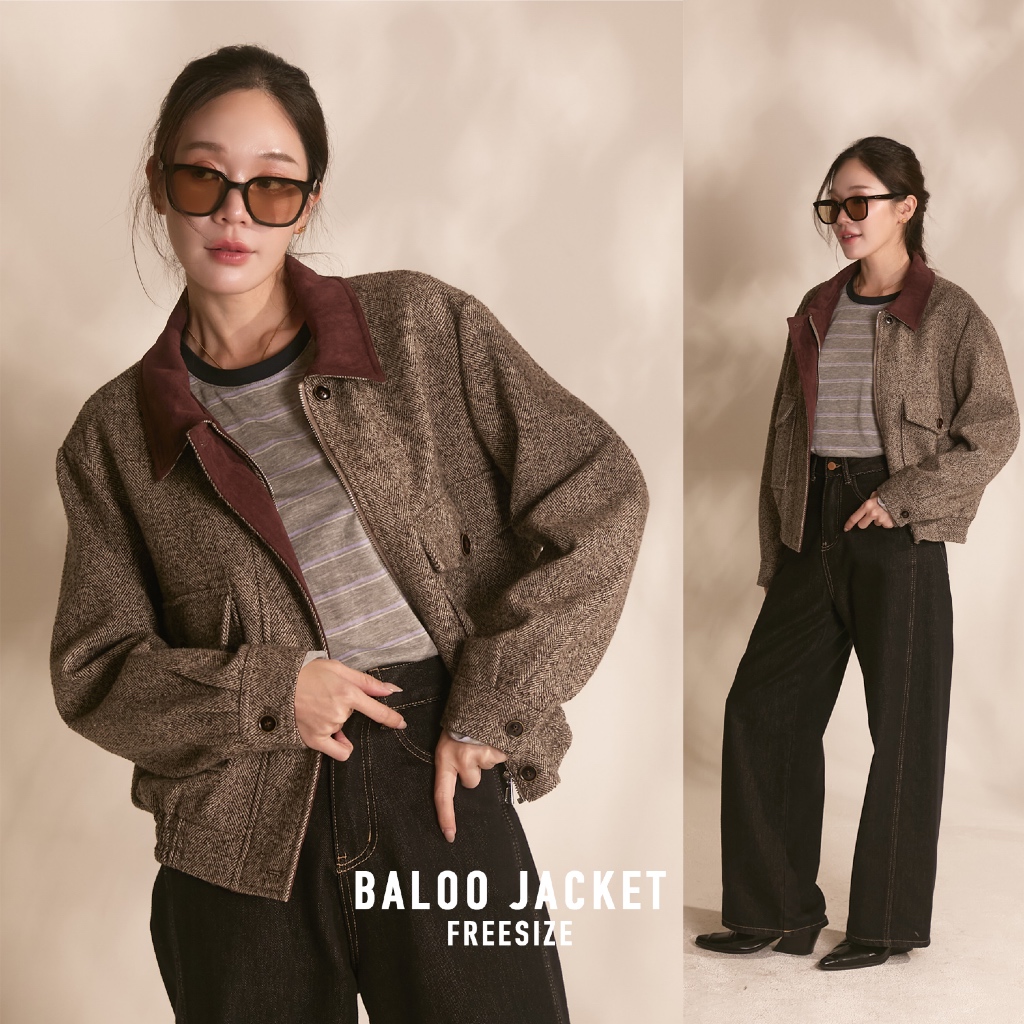 [Baloo] ดีเทลปกแดงเข้มผ้าหนังกลับนุ่มๆ ตัวเสื้อ ผ้าลายทอก้างปลาสลับสี ทรงดี สีลงตัวสุดๆ