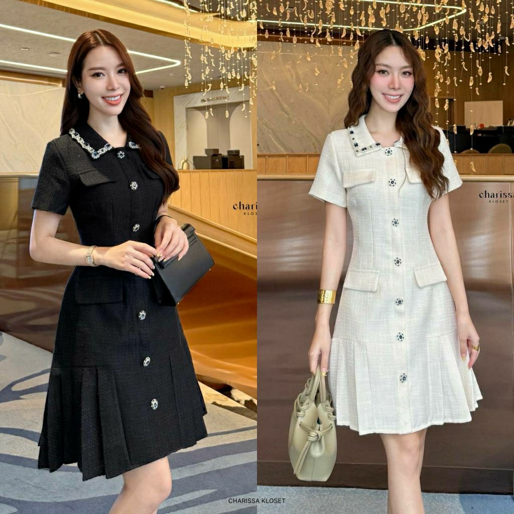 (S-XL)  CHARISSA📣พร้อมส่งเดรสแขนสั้นผ้าทวิตแต่งปักลูกป้ดคริสตรัสและมุกที่คอปกให้ลุคดูแพงเนื้อผ้าพรีเมี่ยม