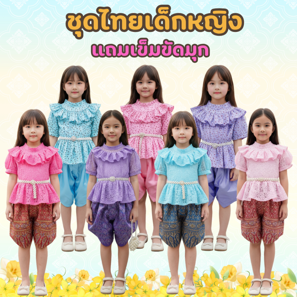 (KIDCITY)  ชุดไทยเด็กผู้หญิง ชุดไทยเด็กใส่ไปโรงเรียน ชุดไทยเด็กอนุบาล ชุดไทยลอยกระทง แถมเข็มขัดมุก