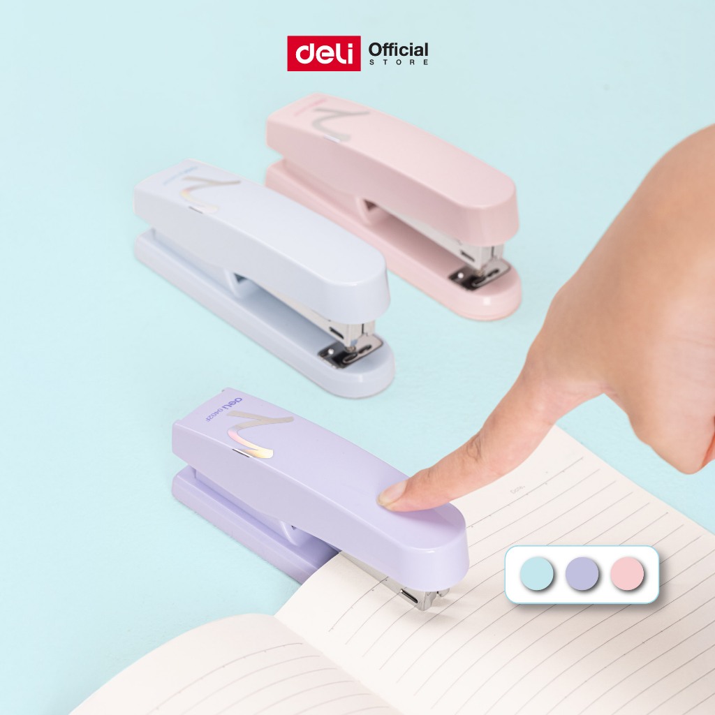 เครื่องเย็บกระดาษ Deli รุ่น E0402F ที่เย็บกระดาษสีมาการอง  เย็บได้ 25-30 แผ่น (3 สี ชมพู/ฟ้า/ม่วง)