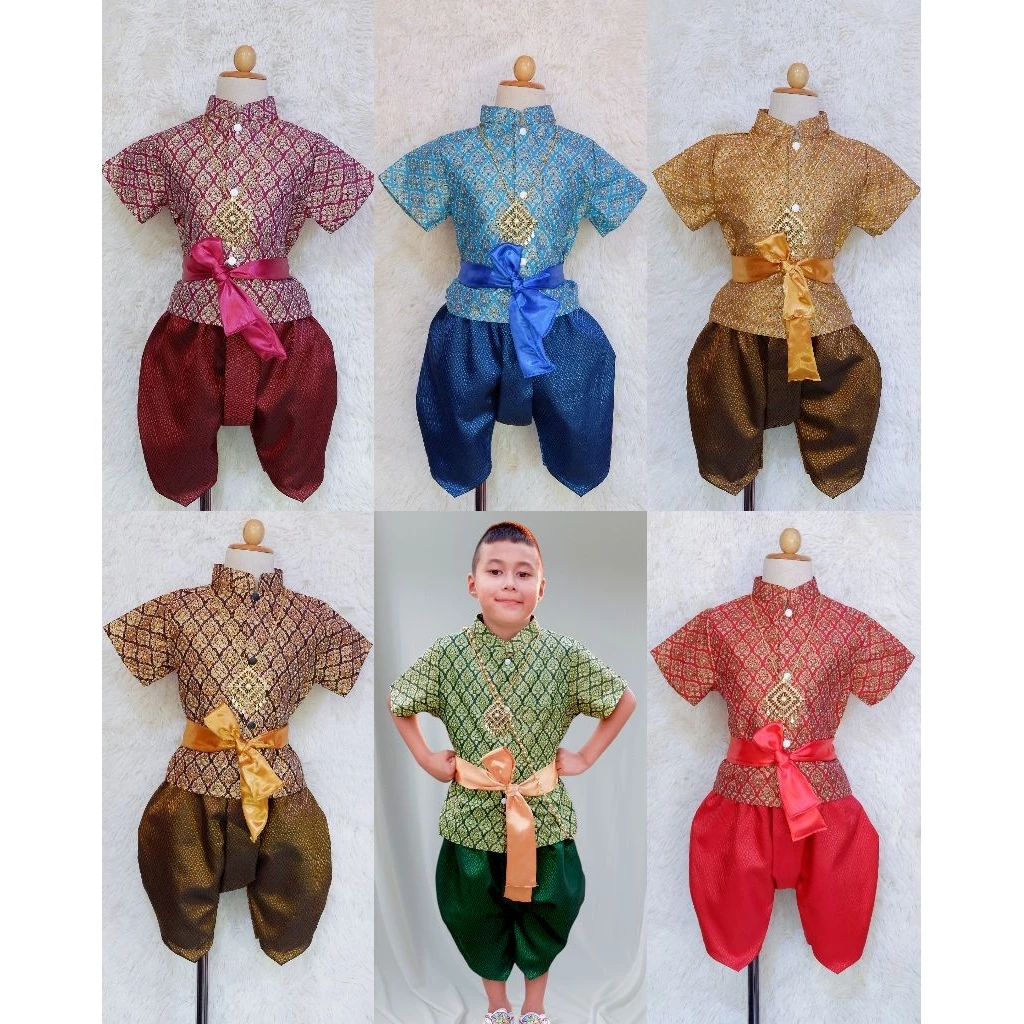 ชุดไทยเด็ก พิมพ์ทองไม่มีลาย(เชิงหน้าผ้า) เสื้อ โจงกระเบน สายรัดเอว