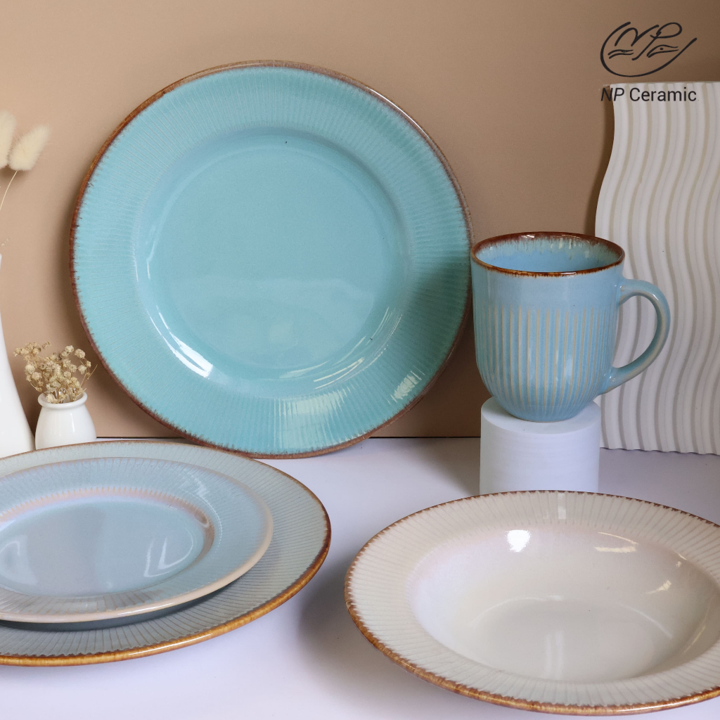 [ลดสูงสุด 80%] NP Ceramic จานเซรามิค จานซุป แต่งลายเส้นและวนสีขอบ สวยดูดี เหมาะสำหรับตกแต่งโต๊ะอาหาร
