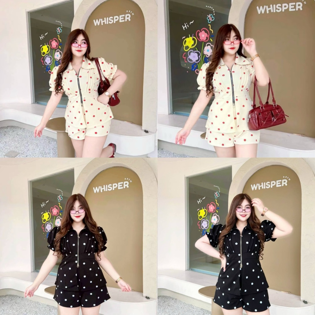 ชุดเซตลายจุดโพกาดอท🍒✨เสื้อแต่งซิป+กางเกงขาสั้น อก38-46 เอว32-40 สพ42-50