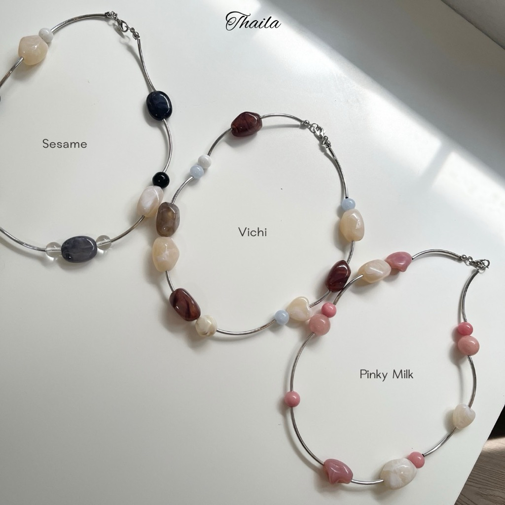 SMB - สร้อยคอลูกปัดผสมหินมงคล รุ่น Vichi, Pinky, Sesame🐈🍧🎱