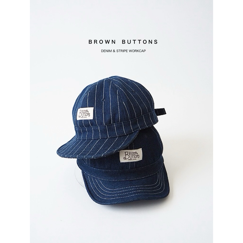 BROWN BUTTONS DENIM WORK CAP หมวกผ้ายีนส์ ลายทาง ทรงยุคเก่า ปีกสั้น