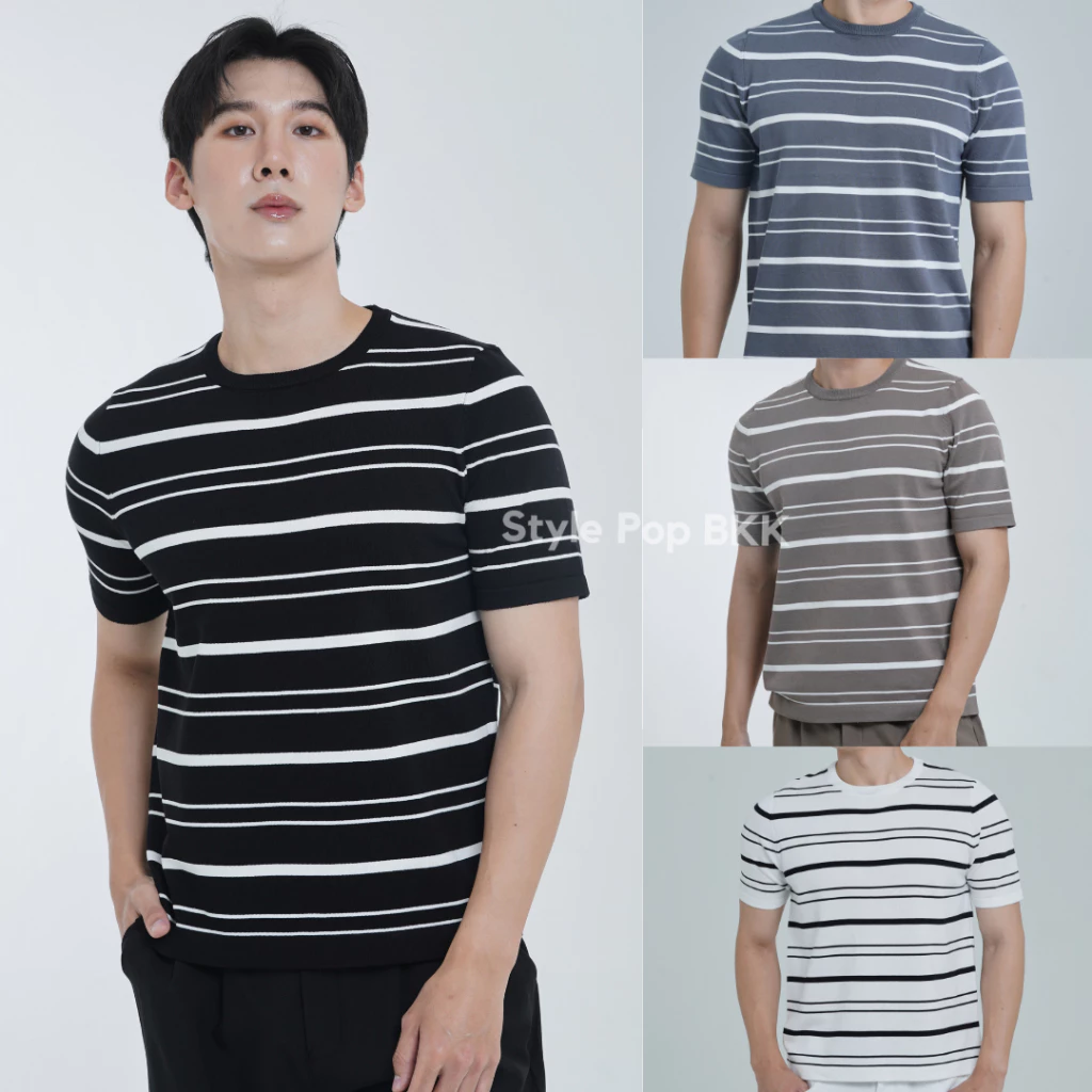 StylePop เสื้อคอกลมทรงเกาลี เสื้อผู้ชาย ผ้าถักลายทาง (ผ้านุ่มใส่สบาย) Knit Polo Shirt SM21