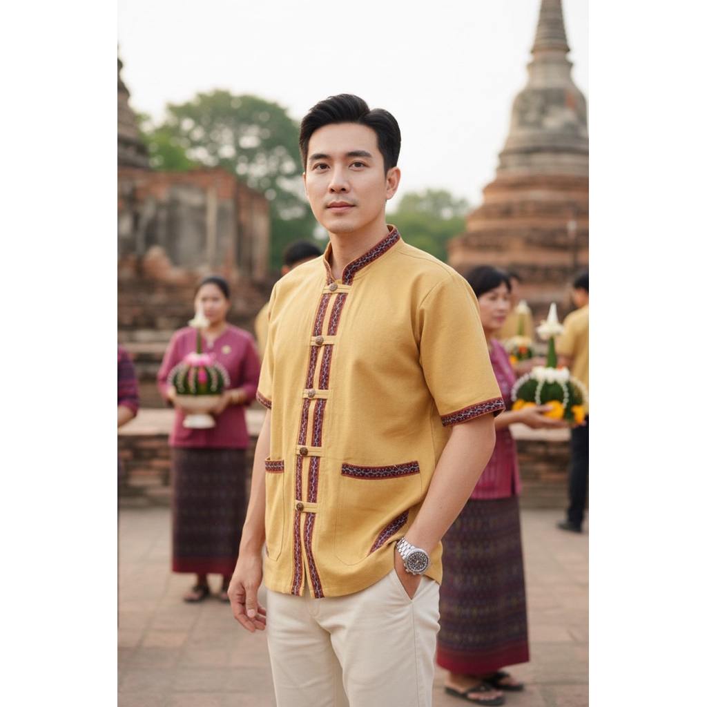 เสื้อพื้นเมืองผู้ชายคอจีนแต่งแถบผ้าทอลาย แขนสั้น - รูปที่ 7